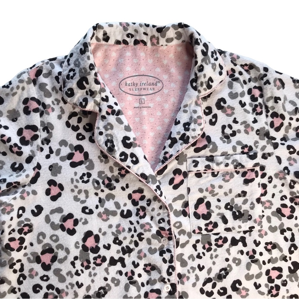 Kathy Ireland Cotton Flannel Pajama Top Leopard Print Sleep Shirt Pink Size L